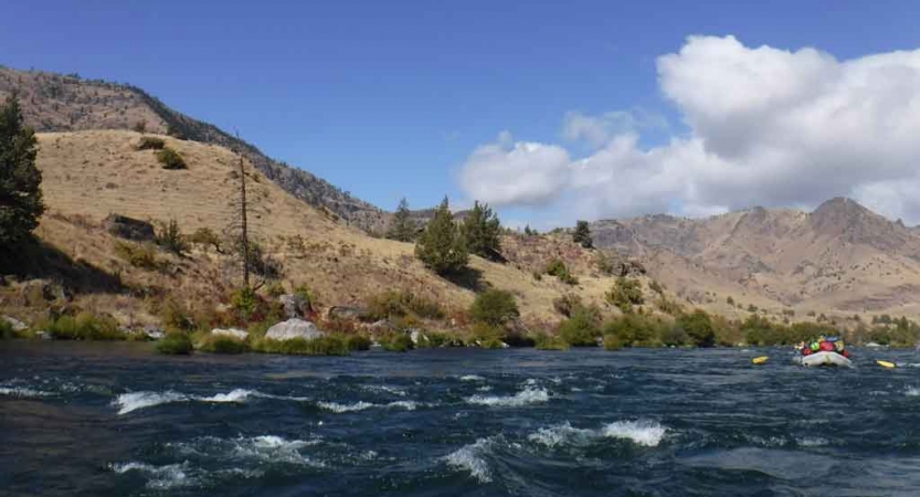 a raft full of people navigates a river under blue skies with clouds 